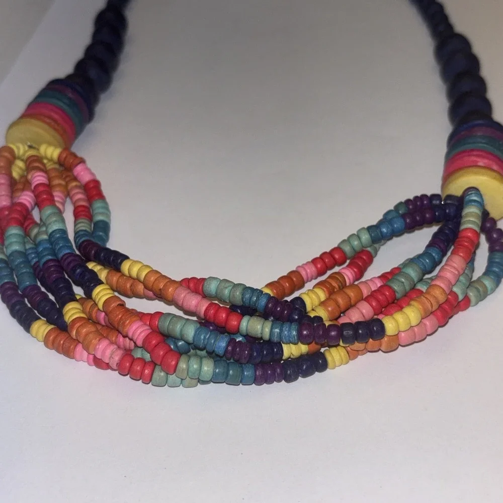 Vintage Multi-Strand Wood Beaded Necklace Rainbow Colorful Estate Find 28